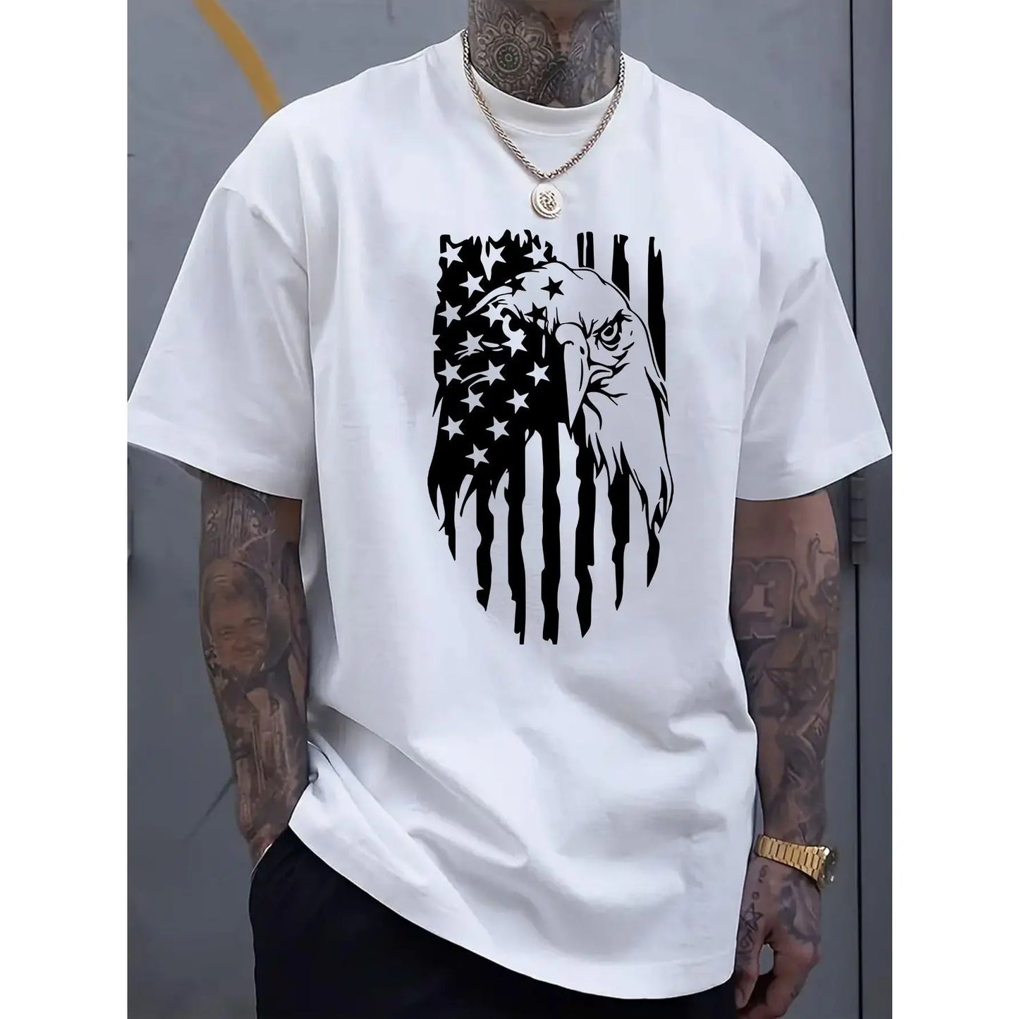 Men's American Flag Eagle Print T-Shirt, 100%25 Cotton Crew Neck Short Sleeve Tee, Casual All-Season Knit Fabric Top, Breathable Comfort Fit for Sports & Leisure, Leisure Clothing | Patriotic Apparel | Stretchable Material