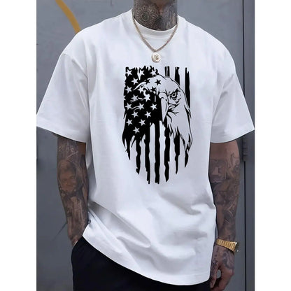 Men's American Flag Eagle Print T-Shirt, 100%25 Cotton Crew Neck Short Sleeve Tee, Casual All-Season Knit Fabric Top, Breathable Comfort Fit for Sports & Leisure, Leisure Clothing | Patriotic Apparel | Stretchable Material