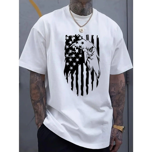 Men's American Flag Eagle Print T-Shirt, 100%25 Cotton Crew Neck Short Sleeve Tee, Casual All-Season Knit Fabric Top, Breathable Comfort Fit for Sports & Leisure, Leisure Clothing | Patriotic Apparel | Stretchable Material