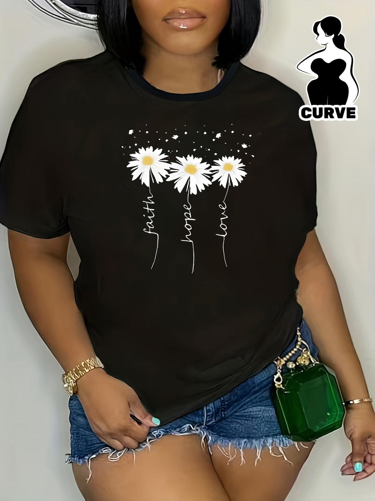 Plus Size - Plus Size - Daisy Print Plus Size Black Women'S T-Shirt