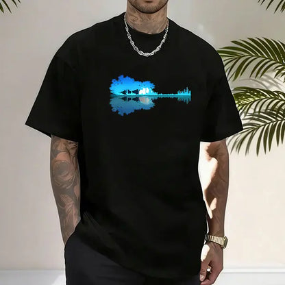 Men’s guitar lake reflection graphic T-shirt, soft cotton blend, perfect for music lovers, nature enthusiasts, casual streetwear, and everyday artistic outfits.