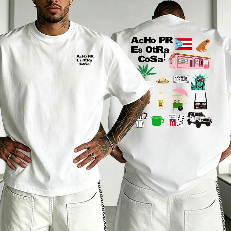Men’s summer double-sided Puerto Rico “Boricua” graphic T-shirt, “Acho PR is another thing” collage print loose streetwear tee, 100%25 cotton breathable crew neck short-sleeve top, casual shirt featuring Puerto Rican flag culture for everyday vacation wea