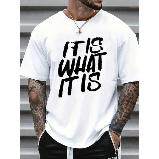 Men's Cotton T-Shirt - Round Neck Short-Sleeve Menswear, Soft Breathable Streetwear Top for Spring Summer Casual Street Fashion with Letter Print