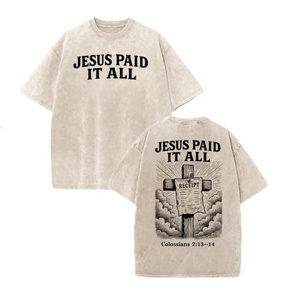 Retro Washed T-Shirt Double Sided Printed 230 Pure Cotton 'JESUS PAID IT ALL' Letter & Cross Pattern Christian Gift Men's Casual Comfortable Fashionable Street Style Cotton Short Sleeve washed pure cotton