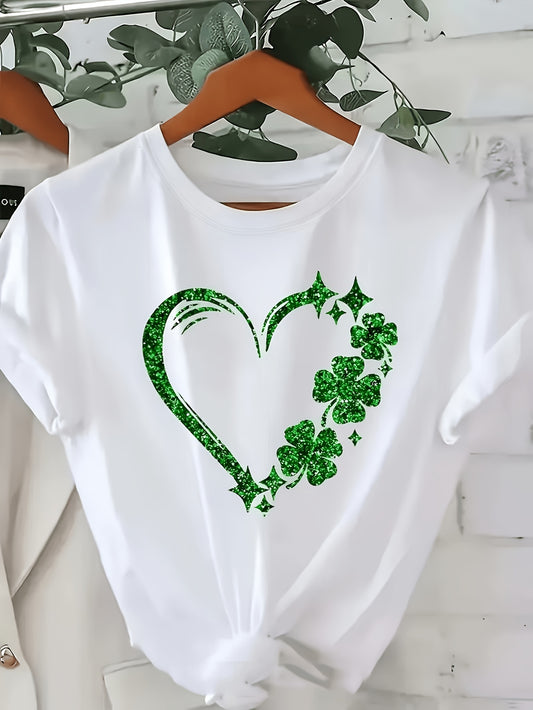 Summer Short Sleeve T-Shirt - Heart & Four- Clover Print Round Neck Casual Blouse, Korean Style -Line Top, Medium-Stretch Fabric for Casual Attire (Non-) - Spring Summer Outfits