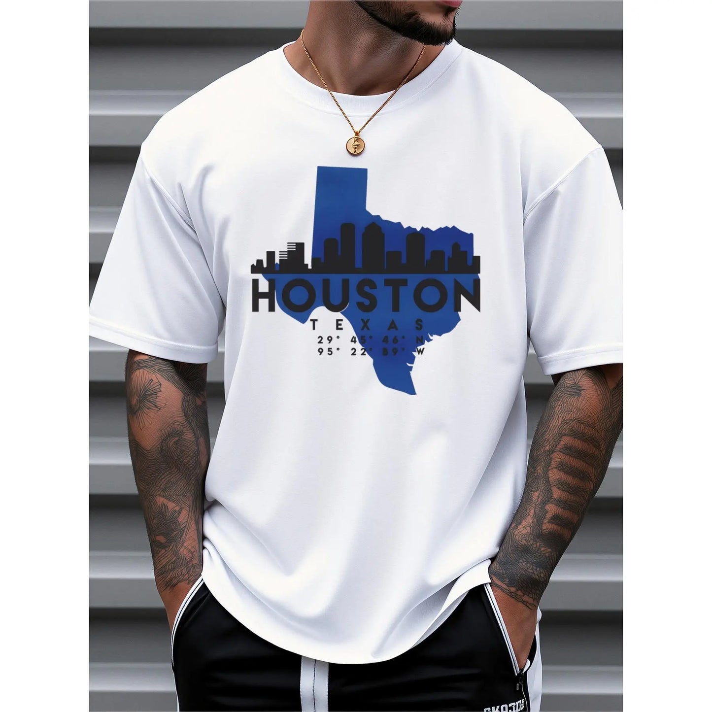 Men's Houston Texas Cityscape Graphic T-Shirt - 100%25 Cotton Loose Fit Casual Tee with Skyline & Texas Outline Print, Breathable Summer Shirt for Travel, Outdoor & Daily Wear - Machine Washable Gift Idea, Pure Cotton Shirt