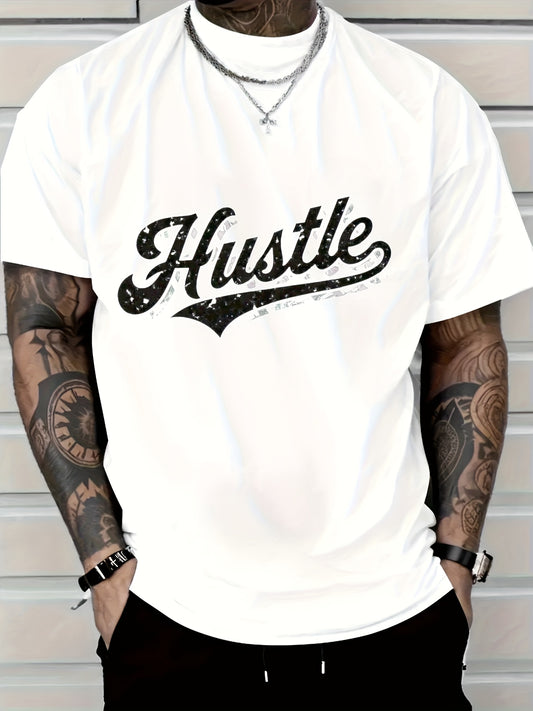 [Hustle Graphic T-Shirt] Men'S Hustle Graphic Print White T-Shirt Casual Short Sleeve Round Neck Tee, All-Season Comfort, Machine Washable Regular Fit, Fashion Printed Men'S T-Shirt, Easy Tailoring Highlights Masculinity, Pure Material
