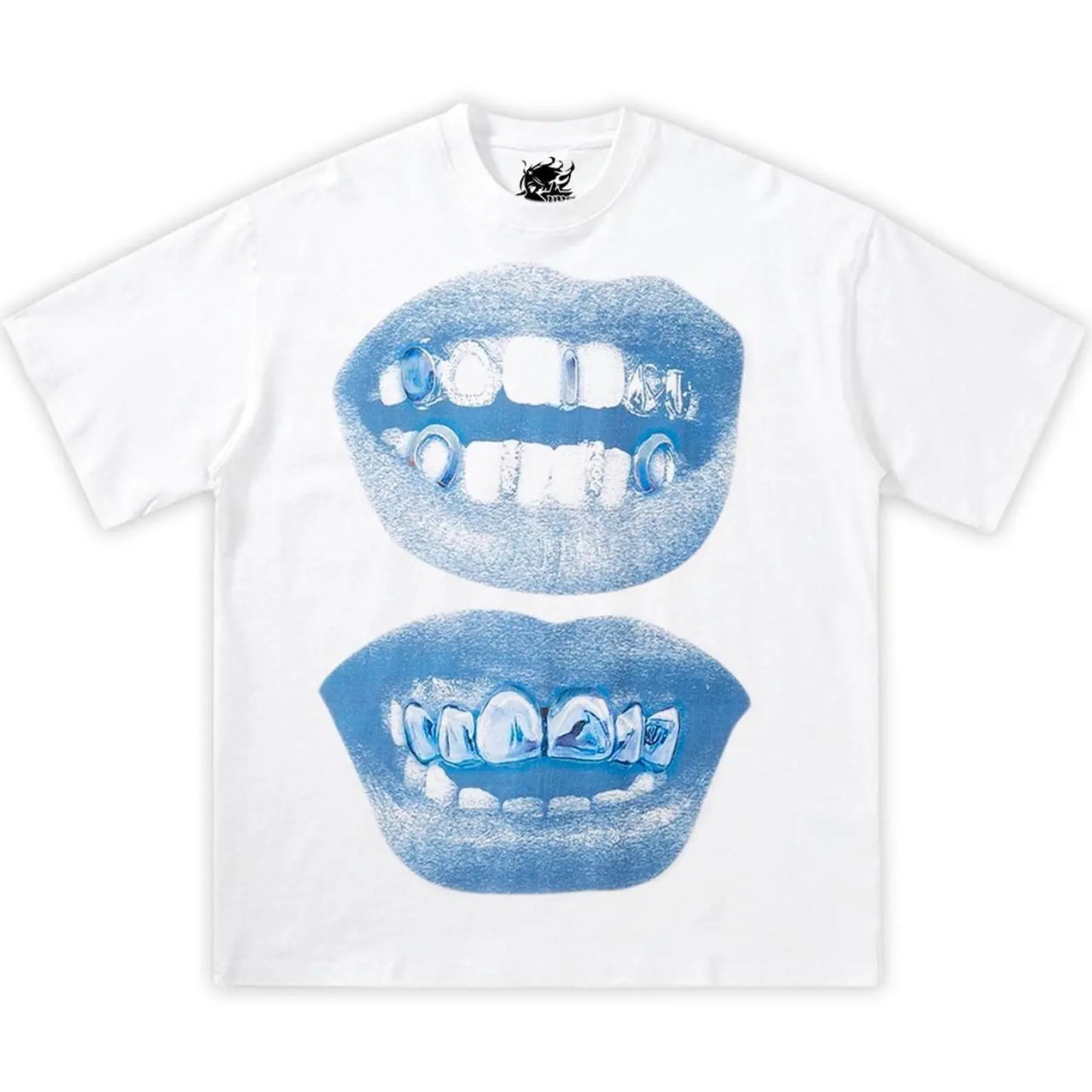 #TikTokShopRestock  Plus Size Double Blue Lips Grillz Boxy Cotton Tee Shirt Boxy Shirt Opium, y2k, fashion, streetwear, unisex, men, women, cotton, crew neck, y2k