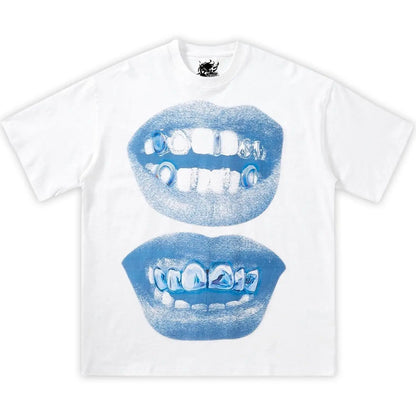 #TikTokShopRestock  Plus Size Double Blue Lips Grillz Boxy Cotton Tee Shirt Boxy Shirt Opium, y2k, fashion, streetwear, unisex, men, women, cotton, crew neck, y2k