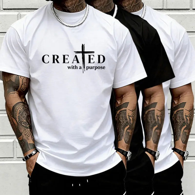 Men’s “Created with a Purpose” Christian graphic T-shirt, cross faith quote print tee, casual crew neck, perfect for church outfits, faith wear, and streetwear.,summerwins,father'sdaygifts