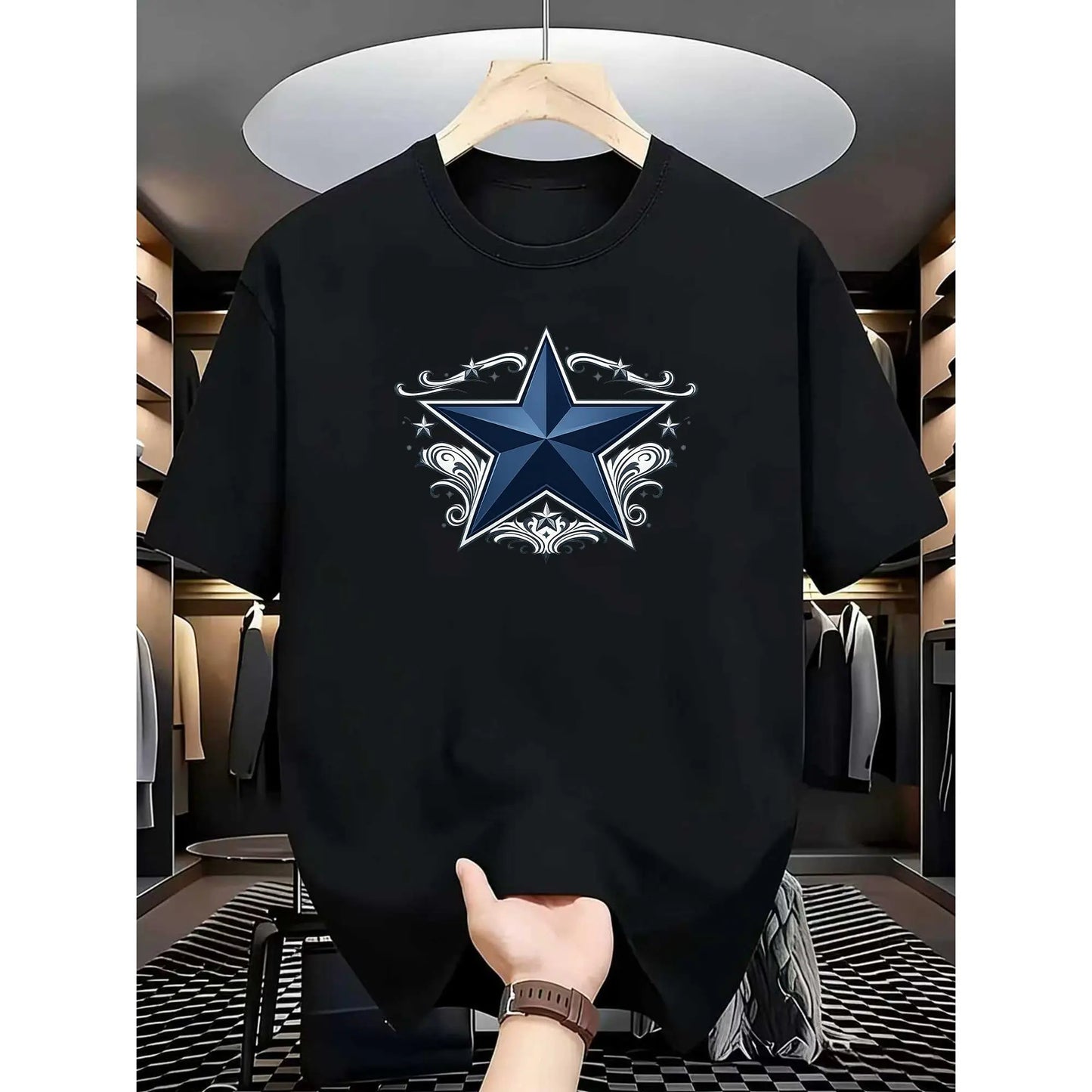 Dark Star Simplicity, Highly Adaptable for Workout Sessions, Designed with a Patterned Round-Neck T-Shirt for Men