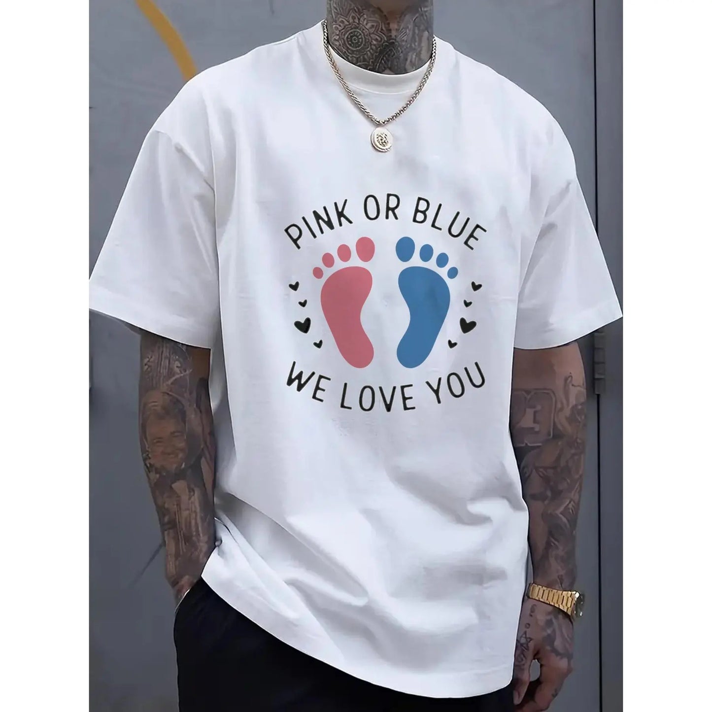 Unisex Pink or Blue We Love You Baby Footprints Gender Reveal T-Shirt for Men and Women