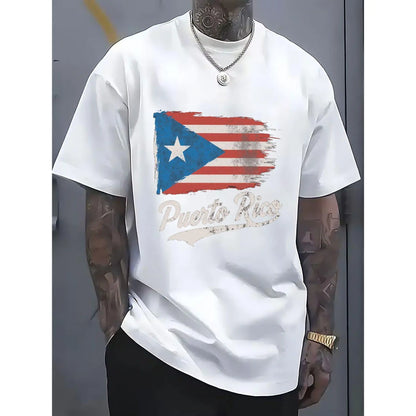 100%25 Single-Sided Crew Neck T-shirt | Distressed Puerto Rican Flag with Puerto Rico Text in White Cursive Font, Multicolor, Casual Outfit, Perfect for Festival Gift Giving