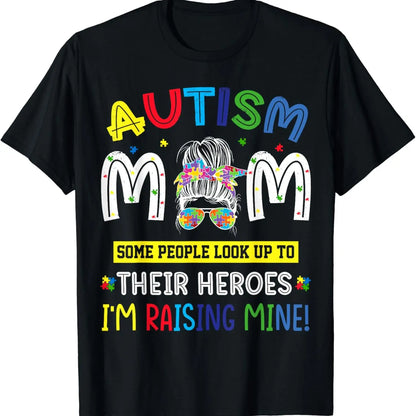 Autism Mom Raising Hero Messy Bun Autism Awareness Retro Summer Casual Shortsleeve Cotton T-Shirt Streetwear Tshirt