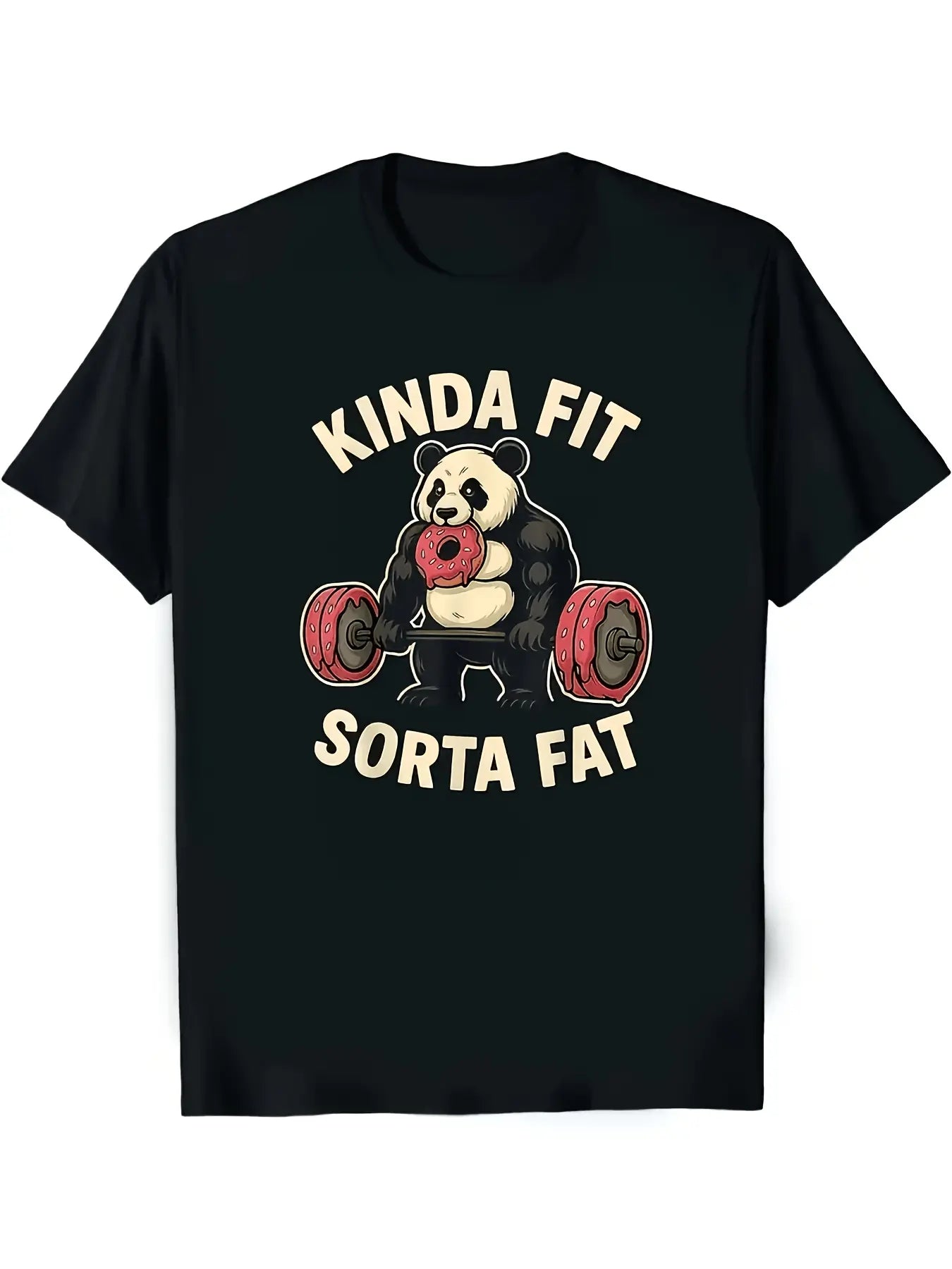Kinda Fit Sorta Fat Funny Fitness Panda Weightlifting T-Shirt| 100%25 Soft And Comfortable, Round Neck, Short Sleeves, Suitable for Casual Wear in All Seasons, S-XXL