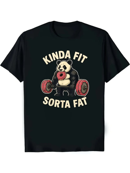 Kinda Fit Sorta Fat Funny Fitness Panda Weightlifting T-Shirt| 100%25 Soft And Comfortable, Round Neck, Short Sleeves, Suitable for Casual Wear in All Seasons, S-XXL