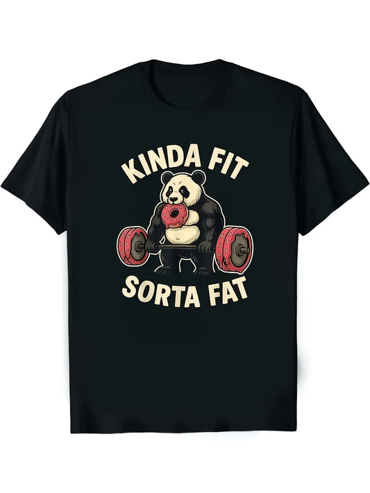 Kinda Fit Sorta Fat Funny Fitness Panda Weightlifting T-Shirt| 100%25 Soft And Comfortable, Round Neck, Short Sleeves, Suitable for Casual Wear in All Seasons, S-XXL
