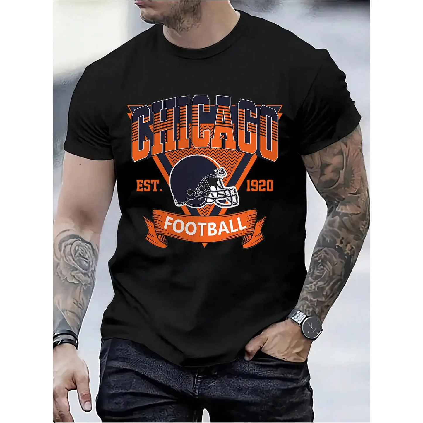 Chicago Football Graphic Tee - 100%25 Cotton Men's Casual T-Shirt, Short Sleeve, Round Neck, All-Season Comfort, White with Orange & Blue Chicago Football Design, Perfect for Sports Fans, Everyday Comfort | Graphic Tshirt | Durable Print, Chicago T Shirt
