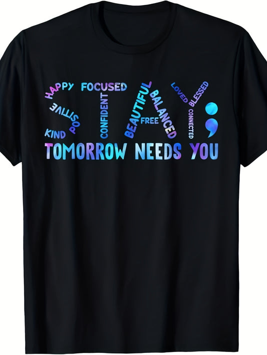 Suicide Prevention Awareness T-Shirt - Stay Tomorrow Needs You Mental Health Shirt with Positive Affirmations, 100% Cotton Unisex Crew Neck Tee for Men & Women, Black with Multicolor Mental Health Symbols & Suicide Prevention Hot