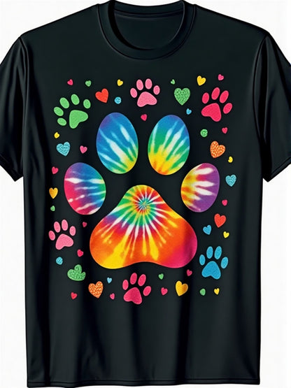 Men's & Women's Heavyweight 220gsm Tie-Dye T-Shirt - Dog Paw & Heart Pet Lover Graphic, Multicolor Retro Crewneck Tee Suitable for Dog Owners - Casual Gift for Casual Attire & Special Occasions