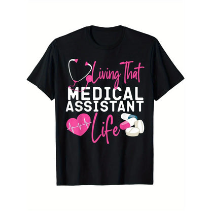 Unisex Oversized Basic Comfy Short Sleeve Medical Assistant CMA Print T-Shirt - Black, Regular Fit, Stethoscope & Heart Graphic, Machine Washable Casual Top Gift for Healthcare Professionals Crewneck Menswear