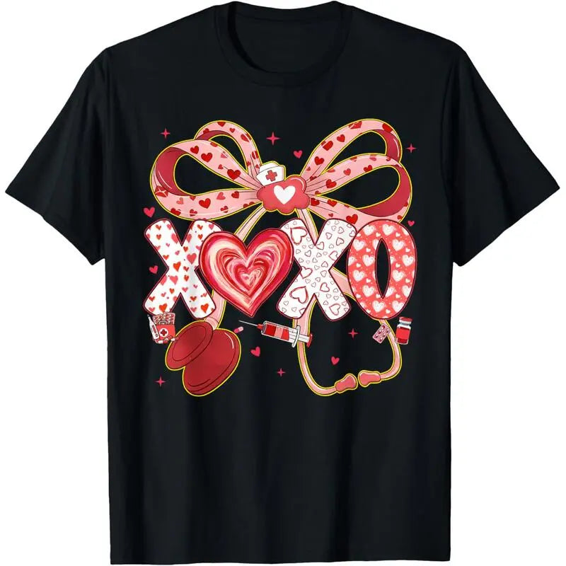XOXO Stethoscope Valentine RN PCT CNA Nurse Red Bow Women T-Shirt