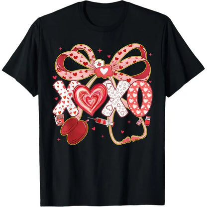 XOXO Stethoscope Valentine RN PCT CNA Nurse Red Bow Women T-Shirt