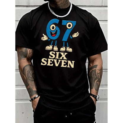 Crewneck Men'S Fashion Street Style Casual Trendy Graphic T-Shirt |   Blue Number 67 Character Mascot with Big Eyes, Red Mouth, White Shoes, Six Seven Text, Breathable, Lightweight, Suitable for All Seasons