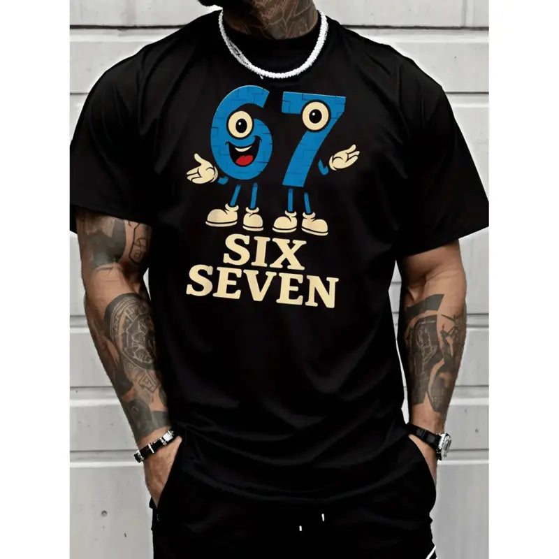 Crewneck Men'S Fashion Street Style Casual Trendy Graphic T-Shirt |   Blue Number 67 Character Mascot with Big Eyes, Red Mouth, White Shoes, Six Seven Text, Breathable, Lightweight, Suitable for All Seasons