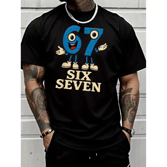 Crewneck Men'S Fashion Street Style Casual Trendy Graphic T-Shirt |   Blue Number 67 Character Mascot with Big Eyes, Red Mouth, White Shoes, Six Seven Text, Breathable, Lightweight, Suitable for All Seasons
