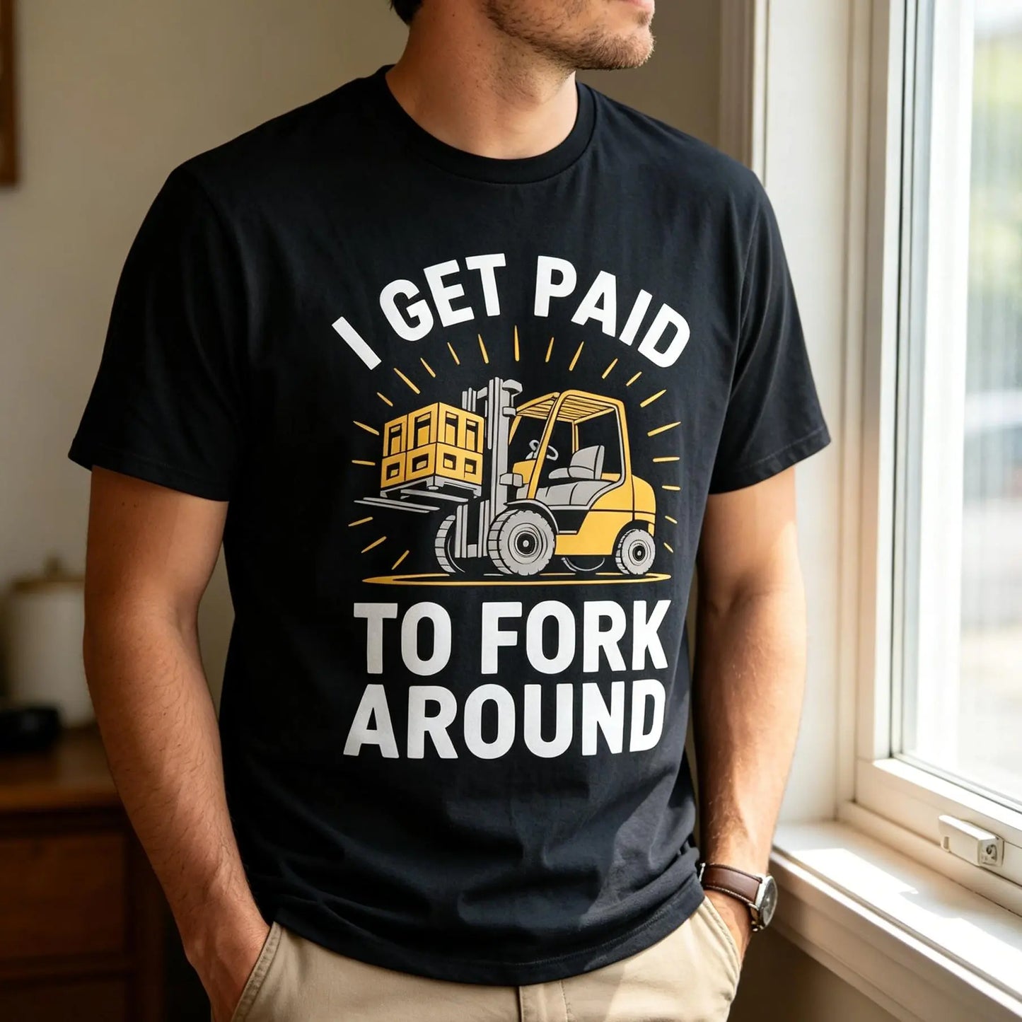 Unisex Heavy Industry Graphic T-Shirt - Forklift Truck Driver "I Get Paid to Fork Around" Print, Black with Yellow Forklift Design, Soft Breathable Cotton, Men's Industrial Workwear Tee for Warehouse, Construction