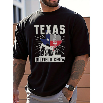 Men's Texas Oilfield Crew Graphic T-Shirt - 100%25 Cotton Casual Short Sleeve Tee with State Flag & Oil Derrick Print, Regular Fit Workwear for Summer, Machine Washable, Outdoor Clothing, Breathable Fabric