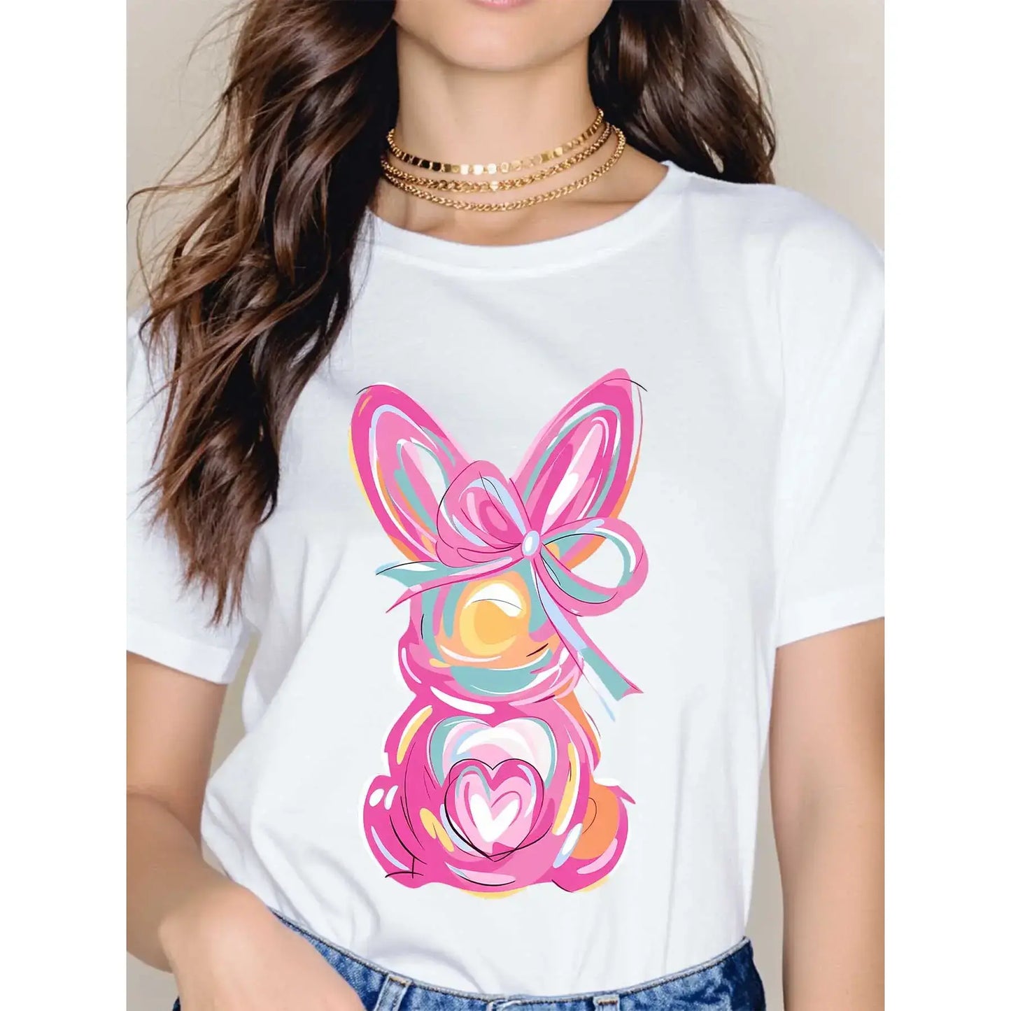 Women Casual Round Neck Short Sleeve T-Shirt White Easter Bunny With Pink Bow And Colorful Swirls Print For Spring Festival And Holiday Wear