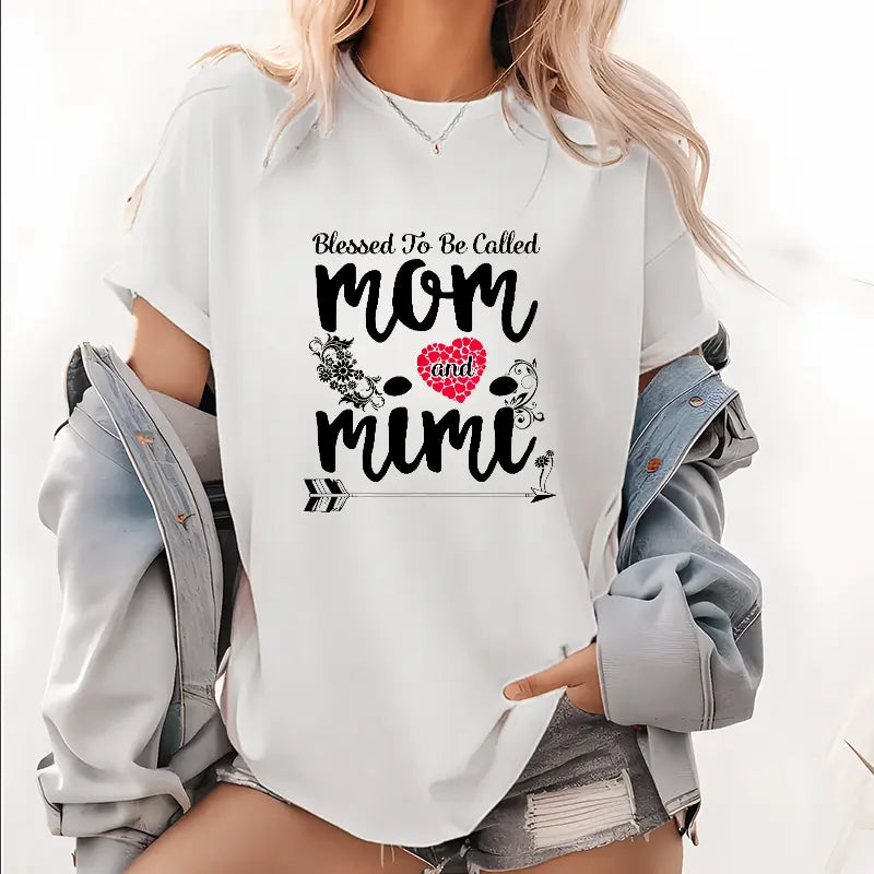 Called Mom And Mimi'S Blessing - Ladies Casual Pattern T-Shirt, Heart And Floral Design Short-Sleeve Top, Perfect Mother'S Day Gift for Spring And Summer, Daily T-Shirt| Loose Fit T-Shirt| Glossy Finish, Mother'S Day Gift for Mom