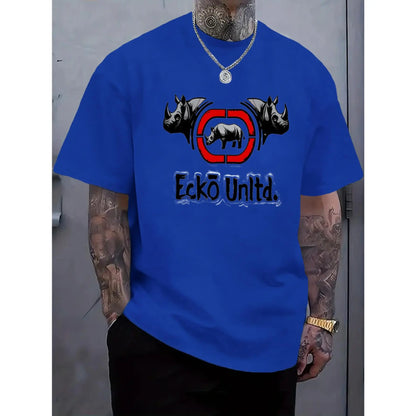 White Rhino Graphic & Ecko Unlimited Text Crew Neck T-Shirt - Bold Black Rhino Head Print, Regular Fit Casual Gym & Everyday Shirt, Durable Comfortable Soft Unisex Top for Training, Autumn & Summer Season, Adult Apparel (Ecko Unlimited Design) with Vibran