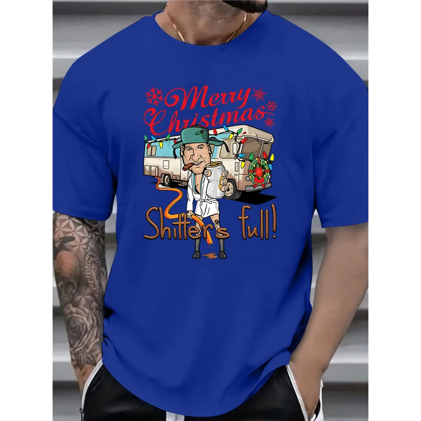 1pc Vintage Style Christmas Graphic Tee, Men'S Casual Plus Size T-Shirt with "Merry Christmas Shitter'S Full" Print, Polyester Knit Fabric, Round Neck, Loose Fit, Summer Season Top