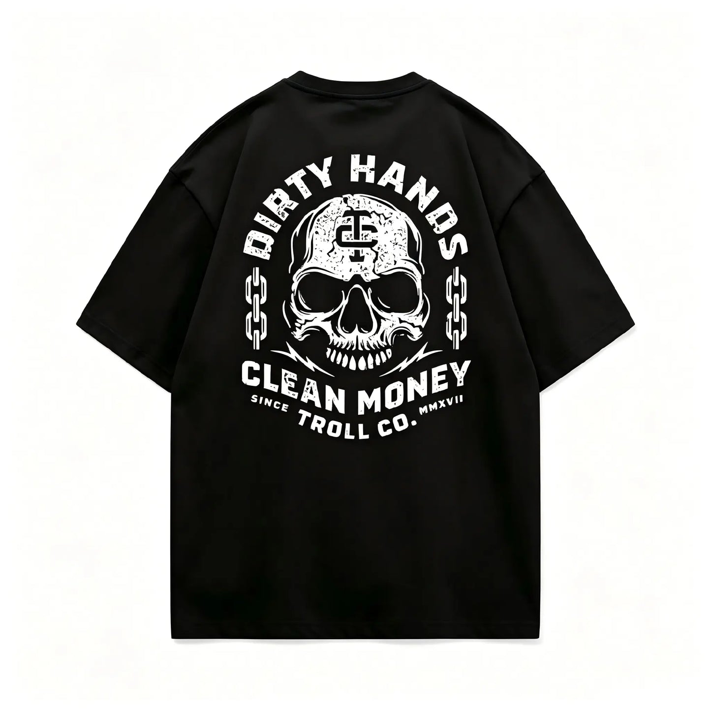 Men's Graphic T-Shirt, Soft Round Neck with 2-Sided 'Dirty Hand Clean Money' Golden Skull Print for Casual Workwear or a Blue Collar Gift, Tshirt Black