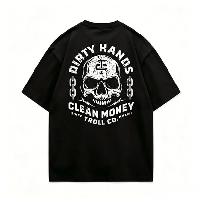 Men's Graphic T-Shirt, Soft Round Neck with 2-Sided 'Dirty Hand Clean Money' Golden Skull Print for Casual Workwear or a Blue Collar Gift, Tshirt Black
