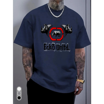 White Rhino Graphic & Ecko Unlimited Text Crew Neck T-Shirt - Bold Black Rhino Head Print, Regular Fit Casual Gym & Everyday Shirt, Durable Comfortable Soft Unisex Top for Training, Autumn & Summer Season, Adult Apparel (Ecko Unlimited Design) with Vibran