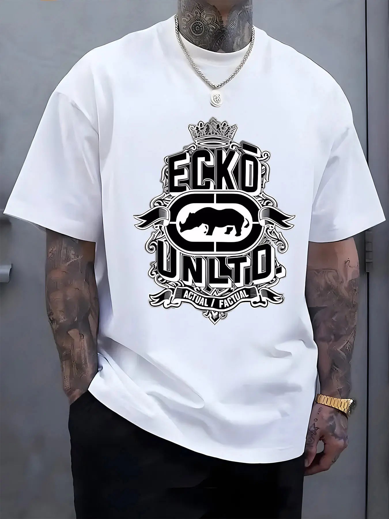 A men's casual white T-shirt with a black print of "ECKO UNITO" - made of lightweight polyester blend fabric, short sleeves, round neck, suitable for summer outdoor activities.