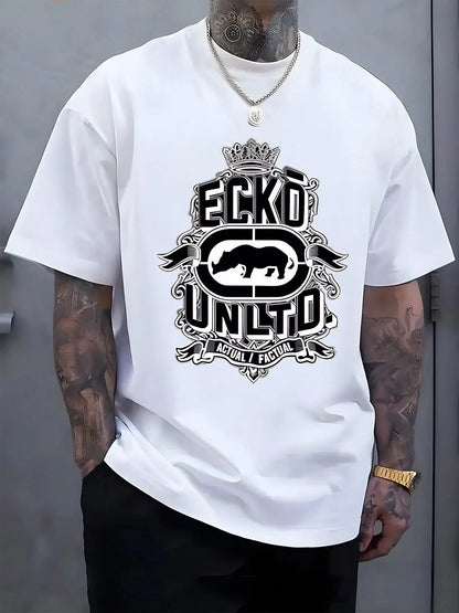 A men's casual white T-shirt with a black print of "ECKO UNITO" - made of lightweight polyester blend fabric, short sleeves, round neck, suitable for summer outdoor activities.