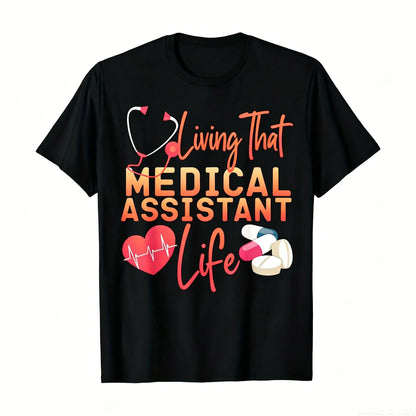 Unisex Oversized Basic Comfy Short Sleeve Medical Assistant CMA Print T-Shirt - Black, Regular Fit, Stethoscope & Heart Graphic, Machine Washable Casual Top Gift for Healthcare Professionals Crewneck Menswear