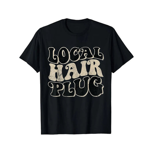 Men's Unisex Vintage Barber Local Hair Plug Graphic Cotton Tee - Black Retro Distressed Logo Print Short-Sleeve Round Neck Casual Graphic Tees, Vintage T-Shirts for Hairdressers Streetwear Shortsleeve