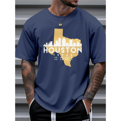 Men's Houston Texas Cityscape Graphic T-Shirt - 100%25 Cotton Loose Fit Casual Tee with Skyline & Texas Outline Print, Breathable Summer Shirt for Travel, Outdoor & Daily Wear - Machine Washable Gift Idea, Pure Cotton Shirt
