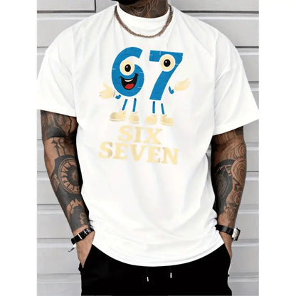 Crewneck Men'S Fashion Street Style Casual Trendy Graphic T-Shirt |   Blue Number 67 Character Mascot with Big Eyes, Red Mouth, White Shoes, Six Seven Text, Breathable, Lightweight, Suitable for All Seasons