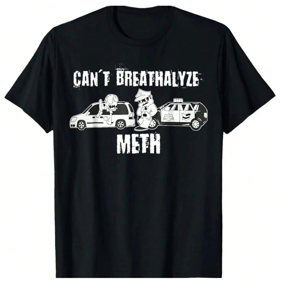 Cotton Short Sleeve Oversized Crewneck Tops Trendy Tees Breathable Casual Shirts with Bold "CAN'T BREATHALYZE METH" Graphic Print Comfy Wear For Men Women 818