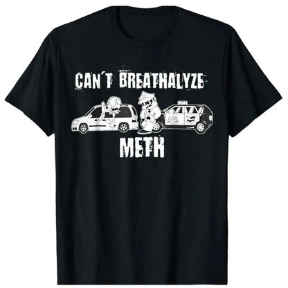 Women's Cotton Round Neck Short Sleeve Classic Graphic Tee, Relaxed Fit Breathable Fabric Oversized Crewneck Top with Bold "CAN'T BREATHALYZE METH" Print, Casual Comfy Wear 818