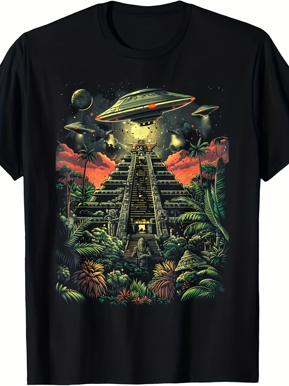 Men'S Unisex'S Retro UFO Alien Pyramid Tshirt Chichen Itza Mayan Temple Design Lightweight Breathable Crew Neck Tee Suitable for Summer Casual Vintage Shirt with South America Jungle Mayaretro Casual Short-Sleeved T-Shirt with a Round Neck And Print