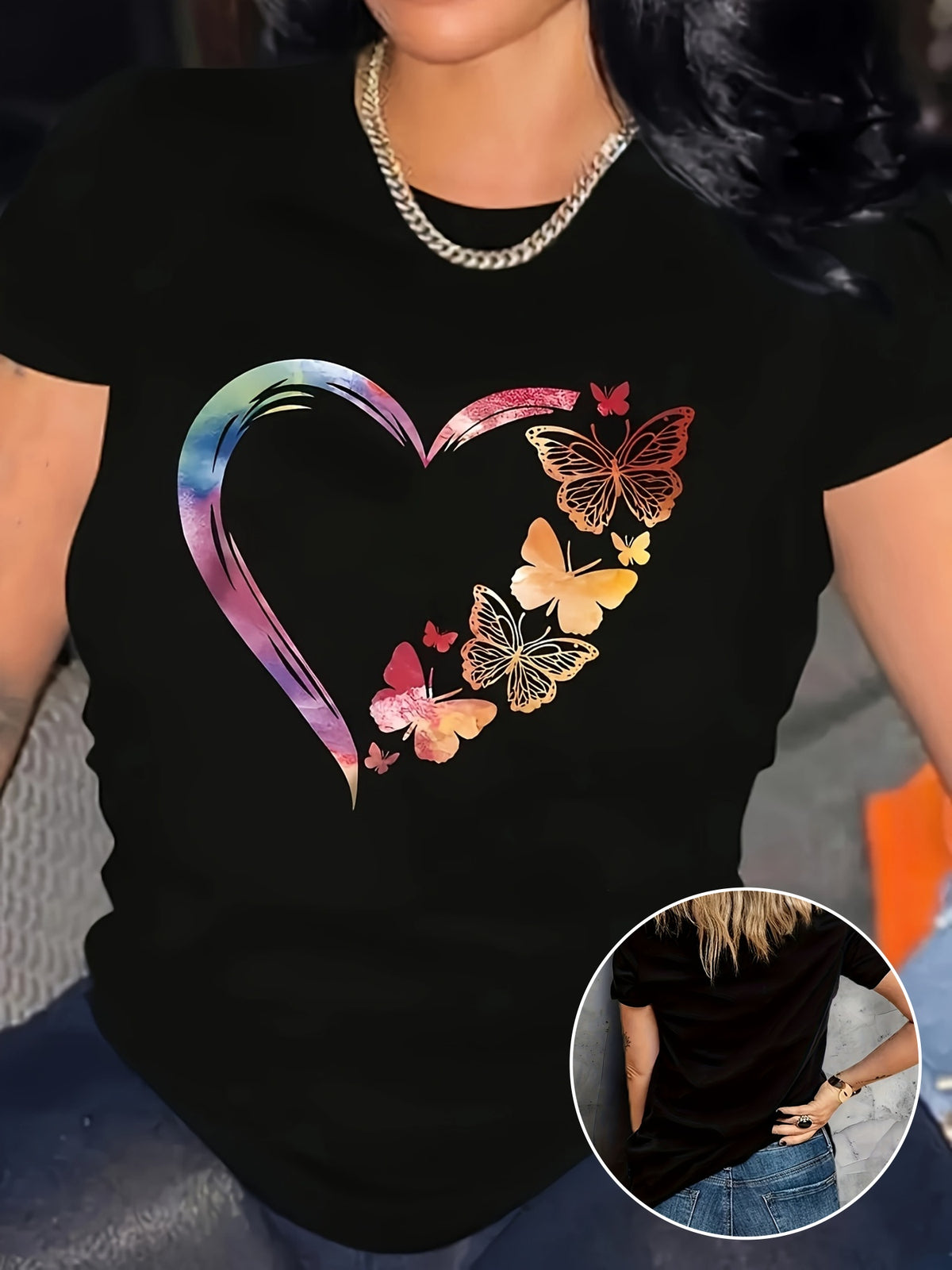 Plus Size Women's Elegant Heart & Butterfly Print T-Shirt - Vibrant Multicolor Design, Round Neck, Machine Washable, Spring Summer Fall Casual Top, Ladies T-shirts, Opaque Fabric Shirt