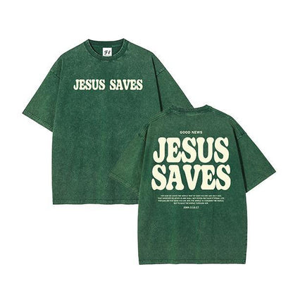 Women's Casual Christian Clothing Jesus Saves Print Acid Washed Cotton Top, Breathable Fabric Unisex Jesus T-Shirt, Shortsleeve, Tops, Layer,back to school,back to school shopping, Graphic Shirts